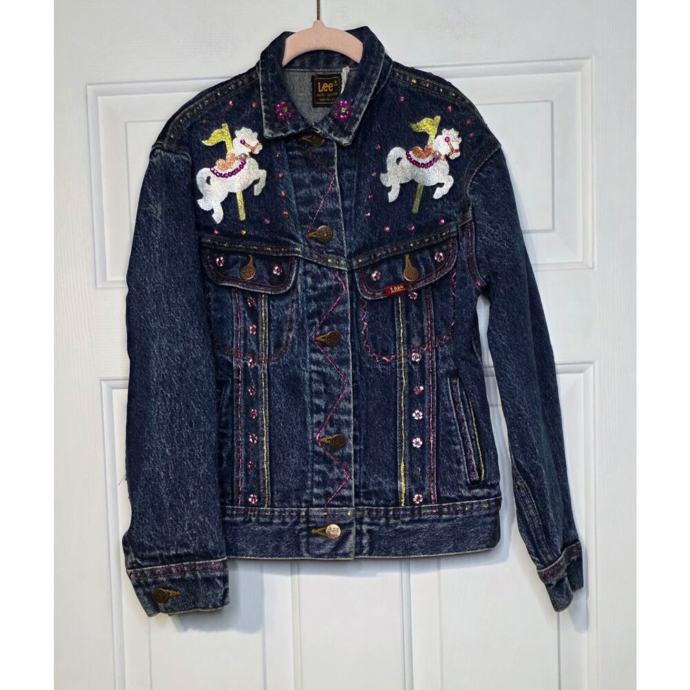 Vintage 90's Lee Denim Jean Jacket Youth Kids Retro USA Size 10 Embellished